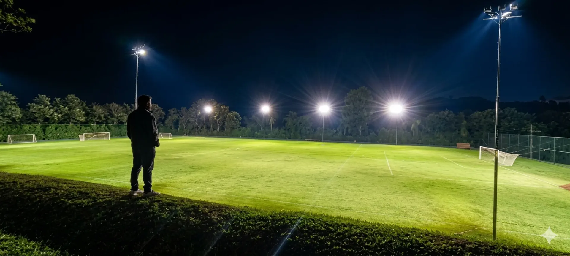 Campo de futebol society iluminado por refletores LED à noite